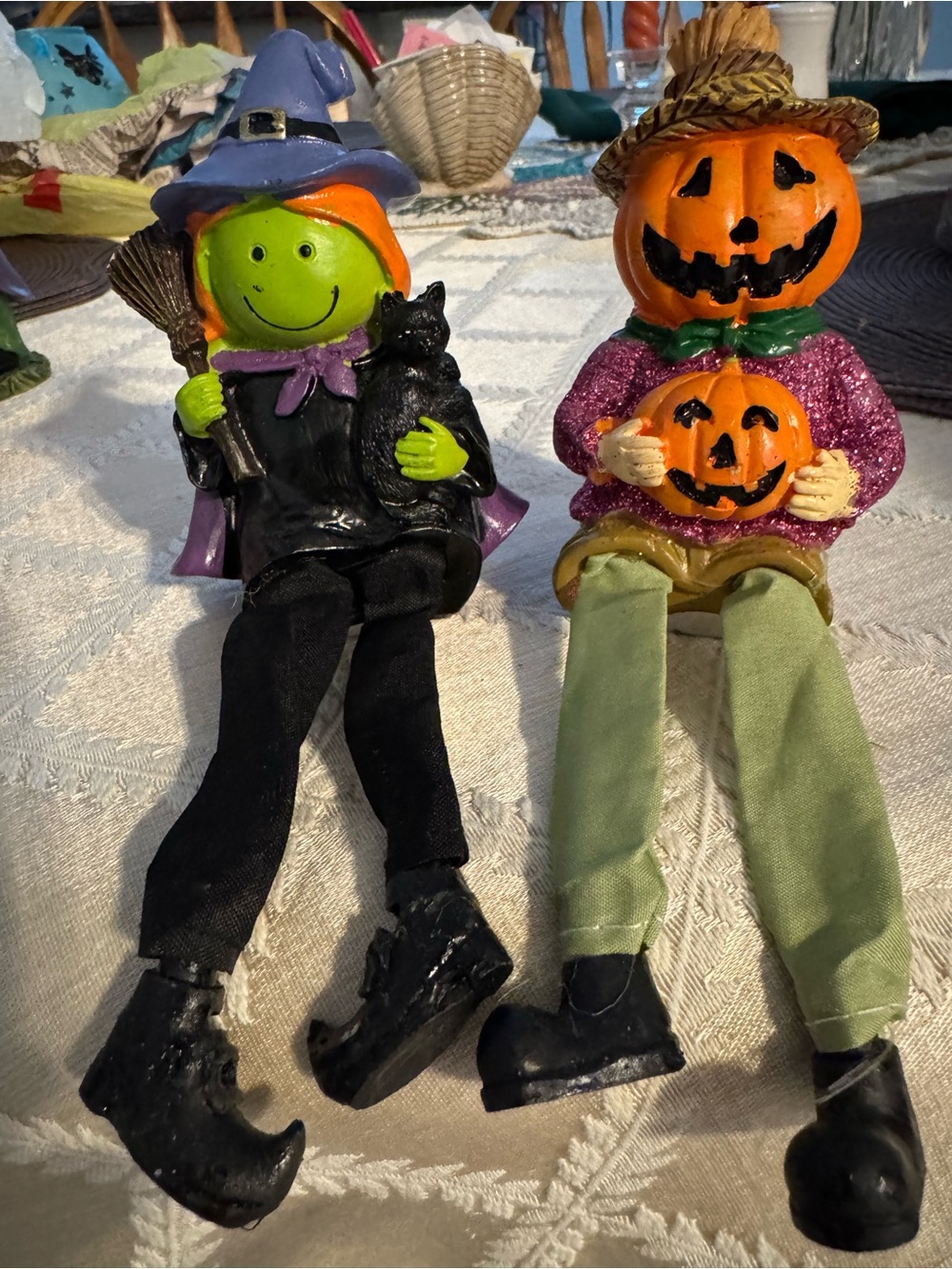 Halloween Small Sitting Witch and Pumpkin Figurine Duo - Black, Orange & Green